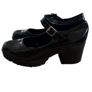 Soda Mary Jane Block Platform Heels Size 7.5 Black Clueless Strap Chunky Shiny